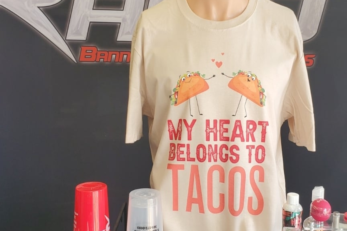 Mannequin wearing a shirt with 'My Heart Belongs to Tacos' design.