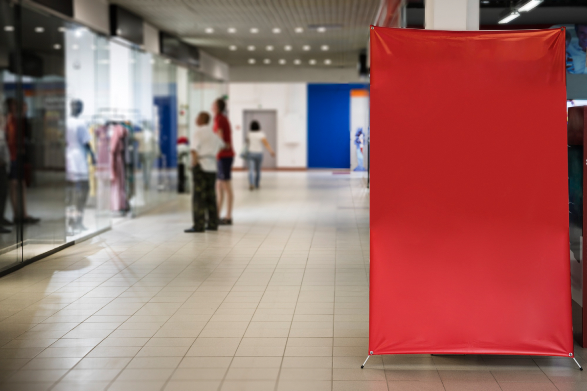 Red promotional banner in mall