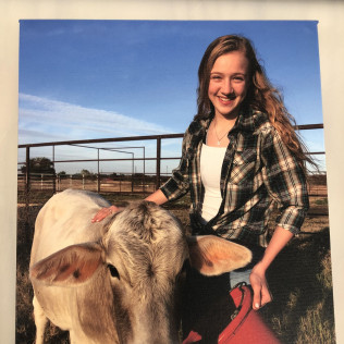 Smiling girl petting a cow.