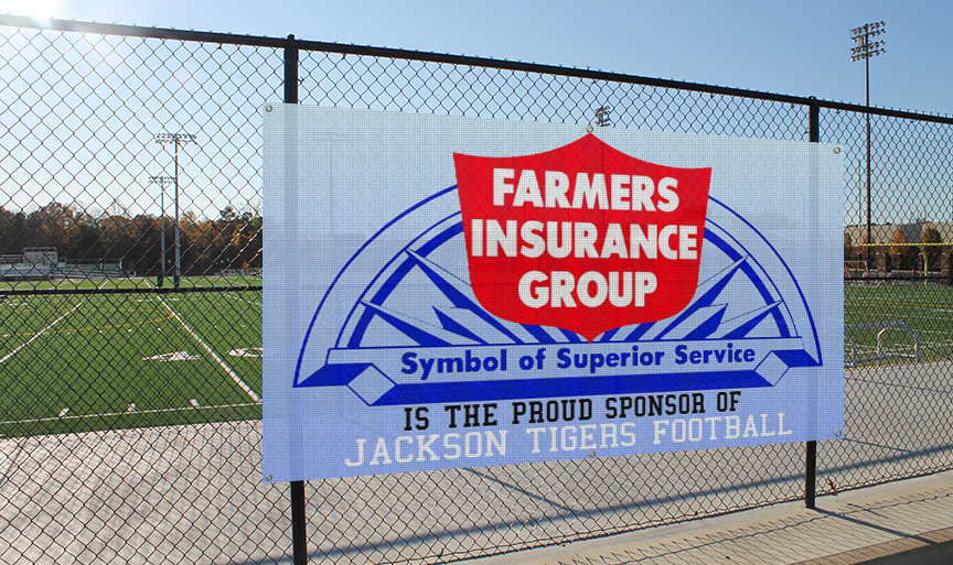 Farmers Insurance football sponsorship banner.